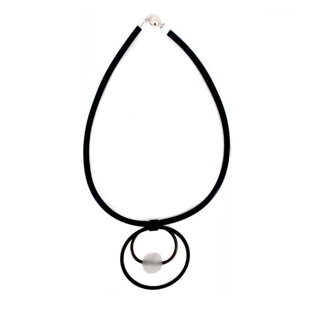 Tigerstars Handcrafted Frosted Glass Ball Black Piano Wire Double Ring Necklace - Picture 2 of 2